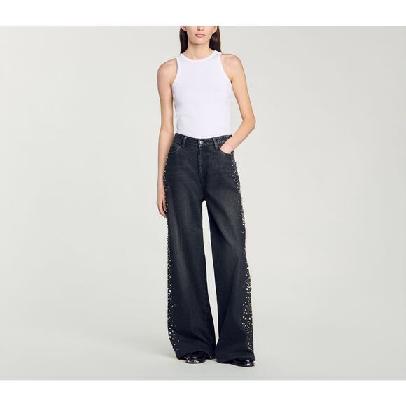 Sandro Wide-Leg Black Rhinestone Jeans Size 36 - NWT - Picture 1 of 5